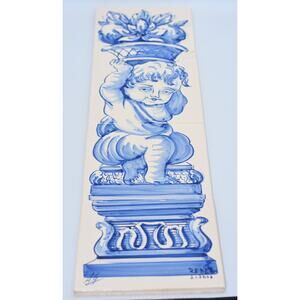 Vintage Hand Painted Portuguese Decor 4-Tile Azulejos "Cherub " Signed Lisboa